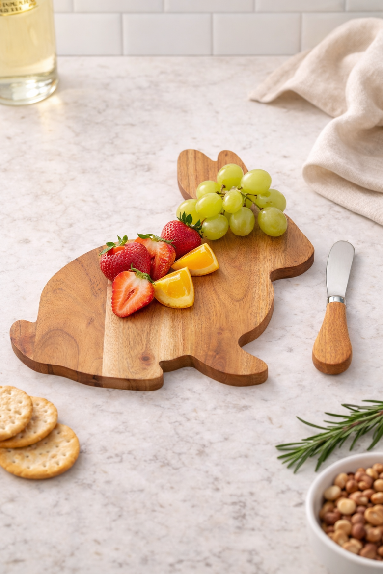 Easter Bunny Shape Acacia Wood 2-Piece Serving Tray w/ Spreader Knife 10", Alternate, color, Brown