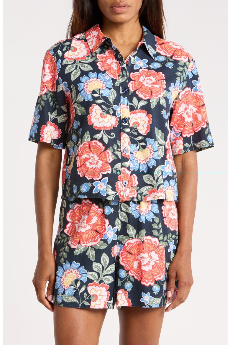 Floral Short Sleeve Crop Button-Up Shirt, Main, color, NAVY SUMMER BLOOM