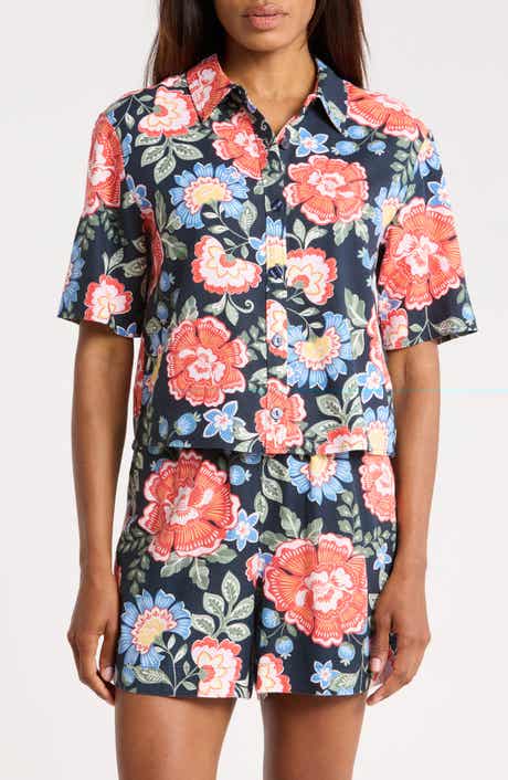 Ellen Tracy Floral Short Sleeve Crop Button-Up Shirt