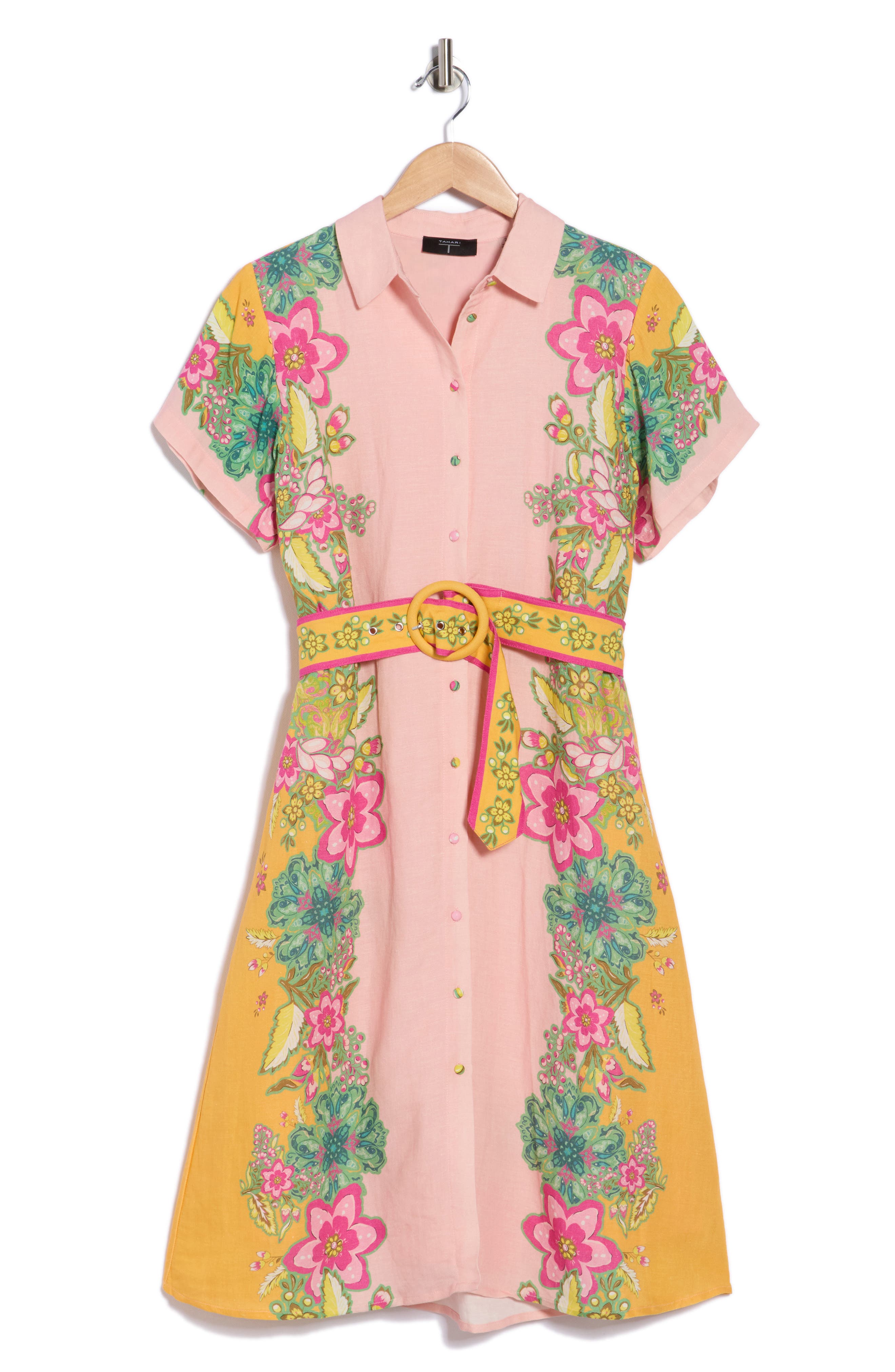 T Tahari Floral Short Sleeve Belted Shirtdress