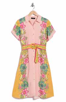 T Tahari Floral Short Sleeve Belted Shirtdress