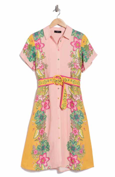 T Tahari Floral Short Sleeve Belted Shirtdress
