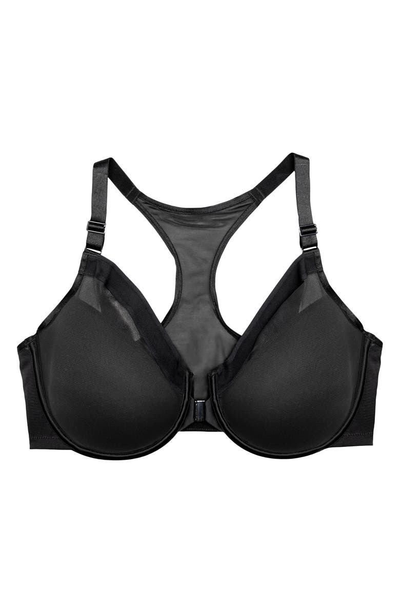 Curvy Couture Sheer Mesh Front Clasp Racerback Underwire Bra, Alternate, color, Black Hue
