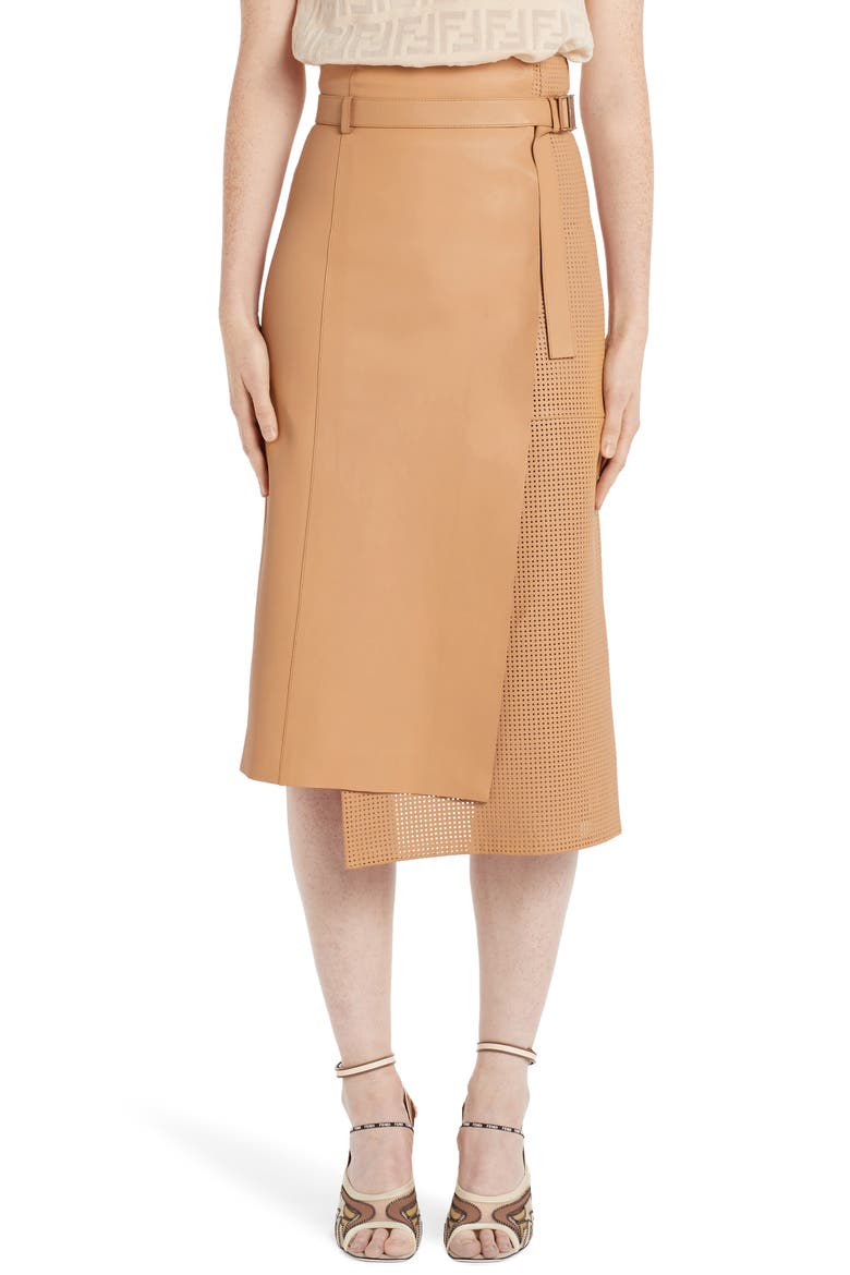 Asymmetrical Perforated Leather Wrap Skirt, Main, color, DURIAN