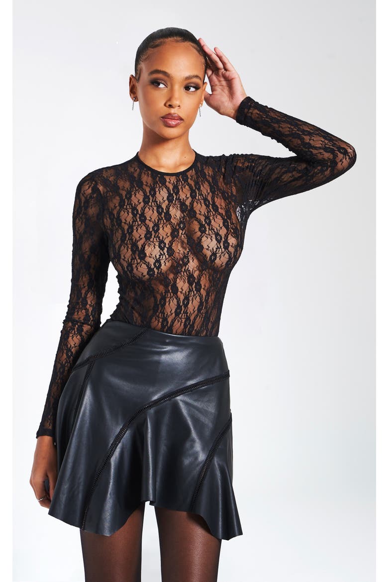 Maisie Lace Long Sleeve Bodysuit, Main, color, Black