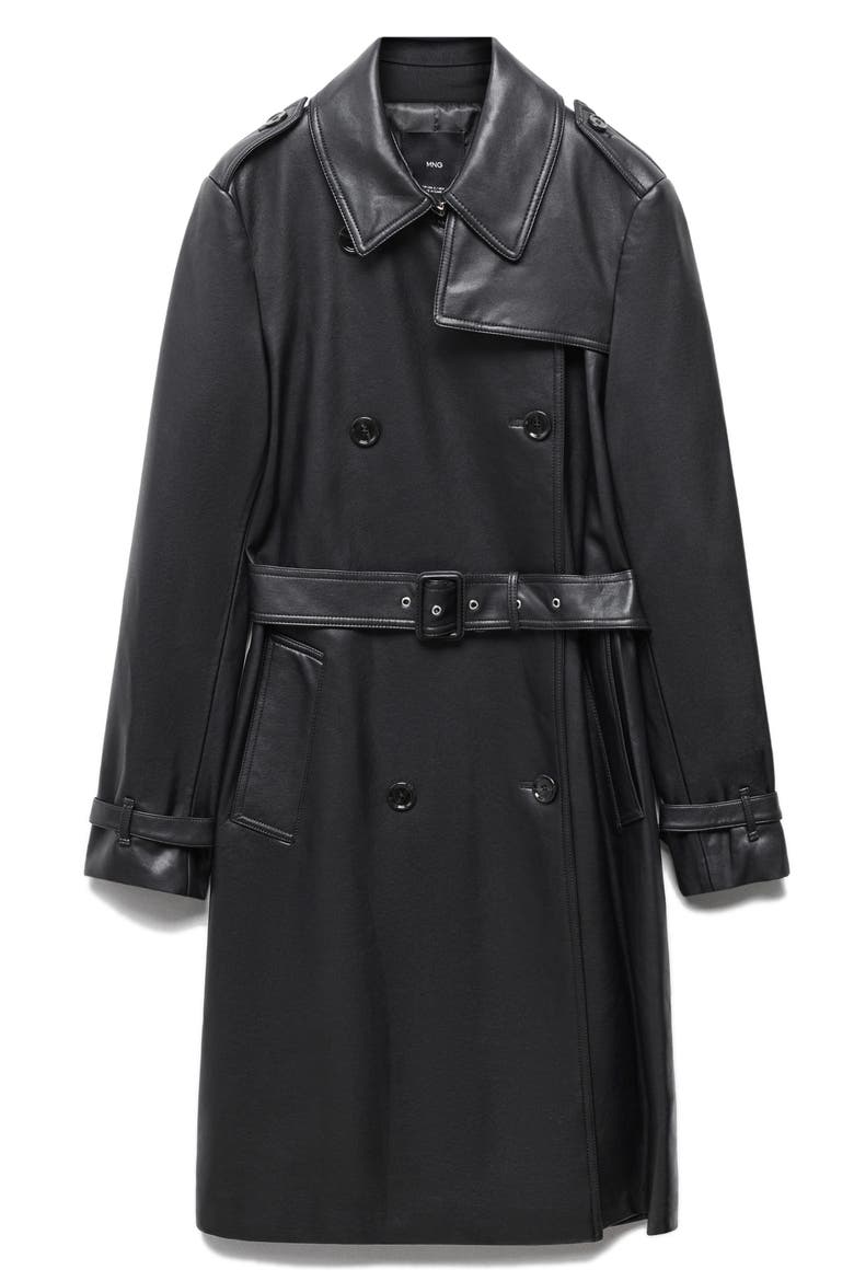 Double Breasted Water Repellent Faux Leather Trench Coat, Alternate, color, BLACK