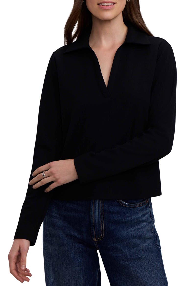 Talia Crepe Knit Long Sleeve Polo, Main, color, BLACK