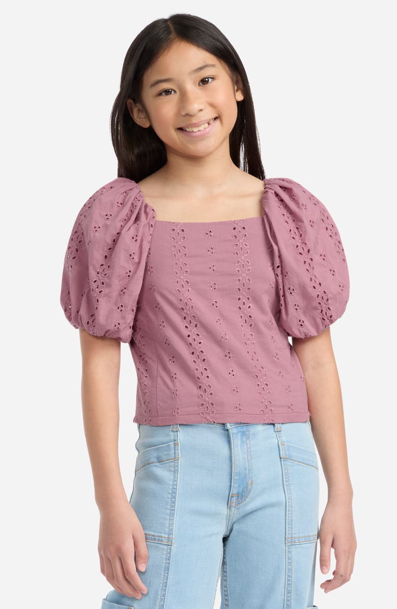 abercrombie kids Kids' Eyelet Puff Sleeve Cotton Top, Alternate, color, Mesa Rose