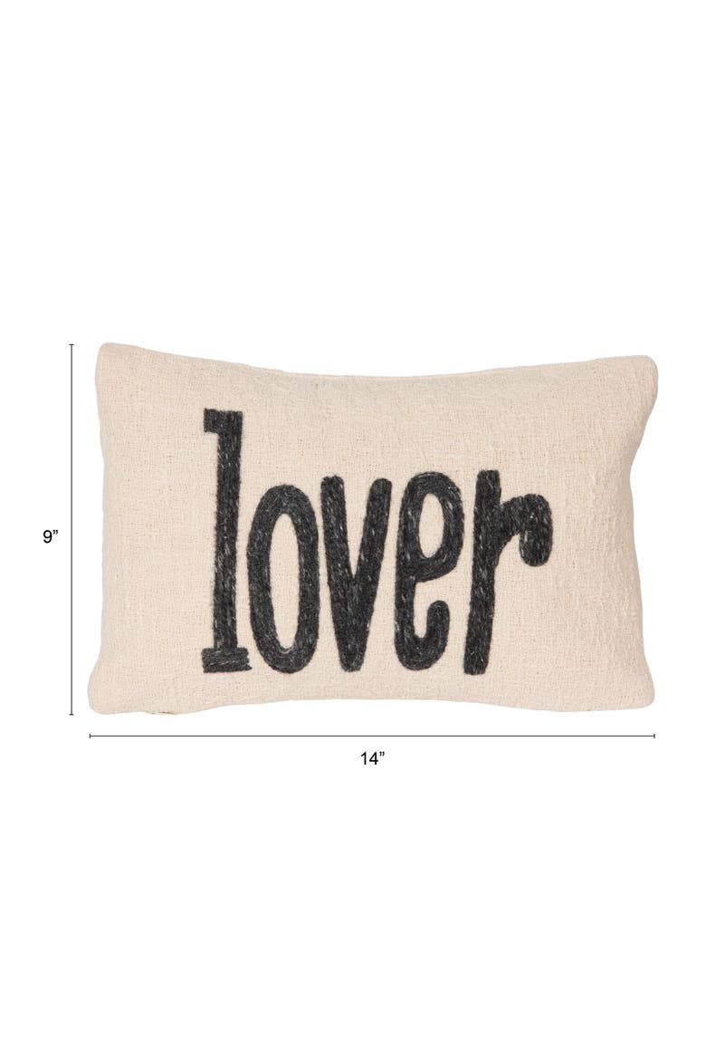 Woven Cotton Embroidered Lumbar Pillow "Lover", Cream and Grey Melange, Alternate, color, White