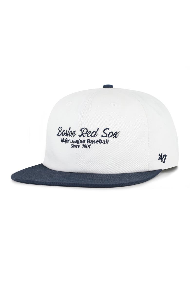 Men's '47 White/Navy Boston Red Sox Script Stack Relaxed Captain Snapback, Alternate, color, White