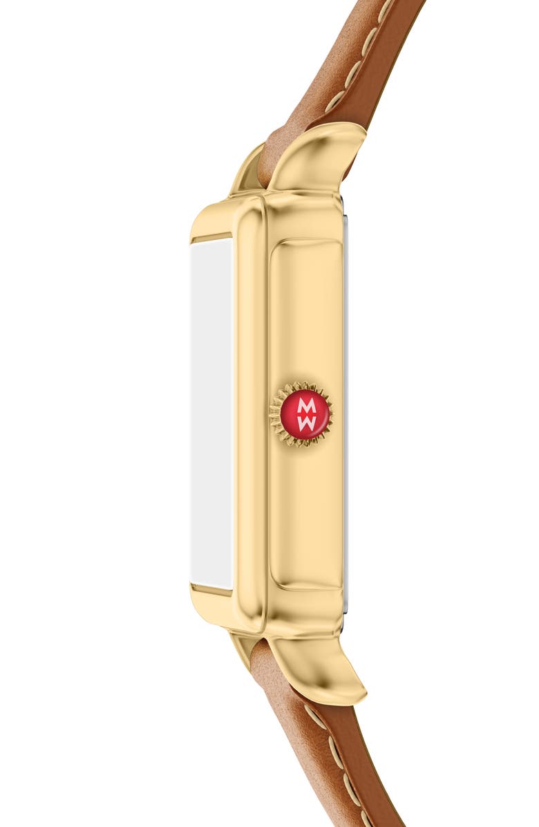 MICHELE Deco Park Mother-of-Pearl Leather Strap Watch, 23mm x 29mm, Alternate, color, Brown / Gold