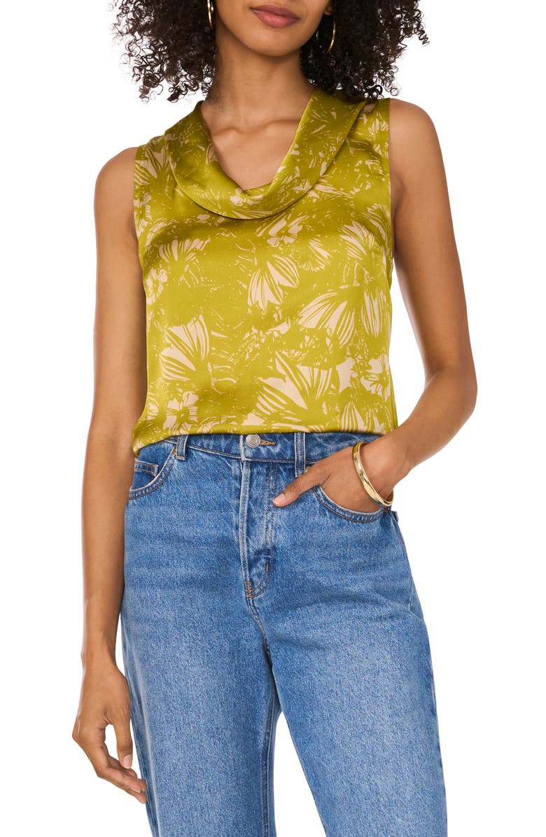 Vince Camuto Floral Print Sleeveless Cowl Neck Satin Top, Main, color,