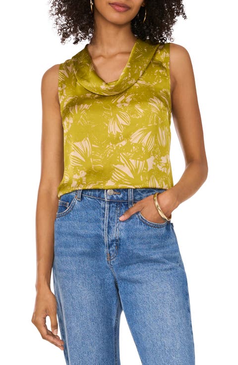 Floral Print Sleeveless Cowl Neck Satin Top