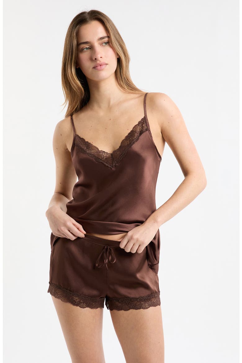 Milky Lace Trim Washable Silk Satin Pajama Shorts, Alternate, color, HENNA