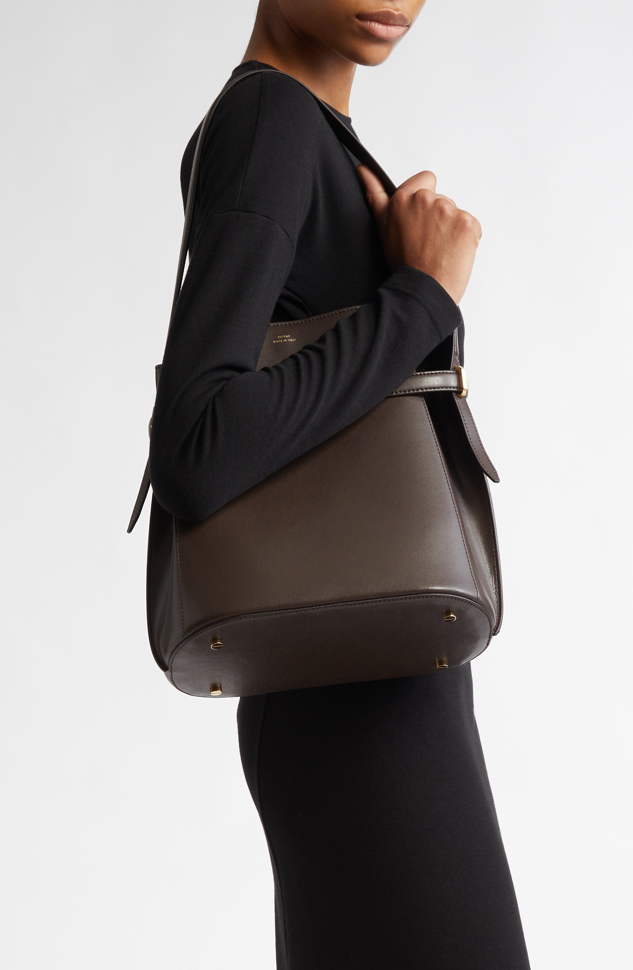 Belted Leather Bucket Bag, Alternate, color, BARK