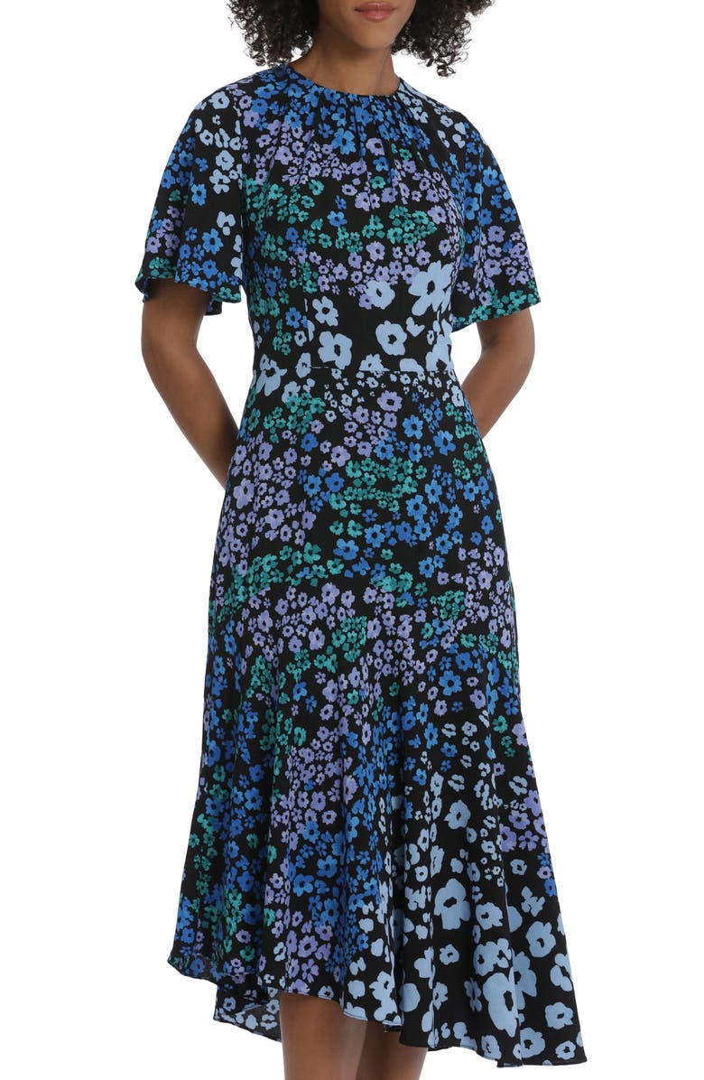 Maggy London Floral Flutter Sleeve Midi Dress, Alternate, color, Black/ Blue