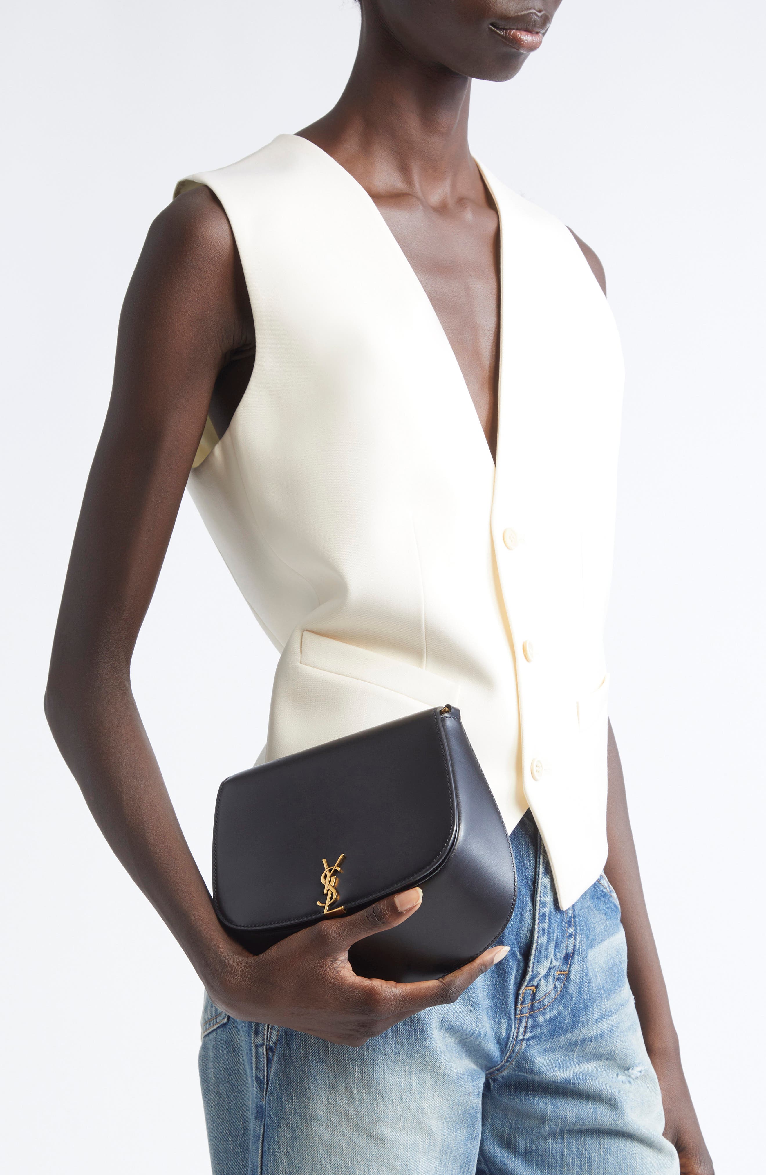 Saint Laurent Mini Voltaire Box Leather Top Handle Bag, Alternate, color, Noir