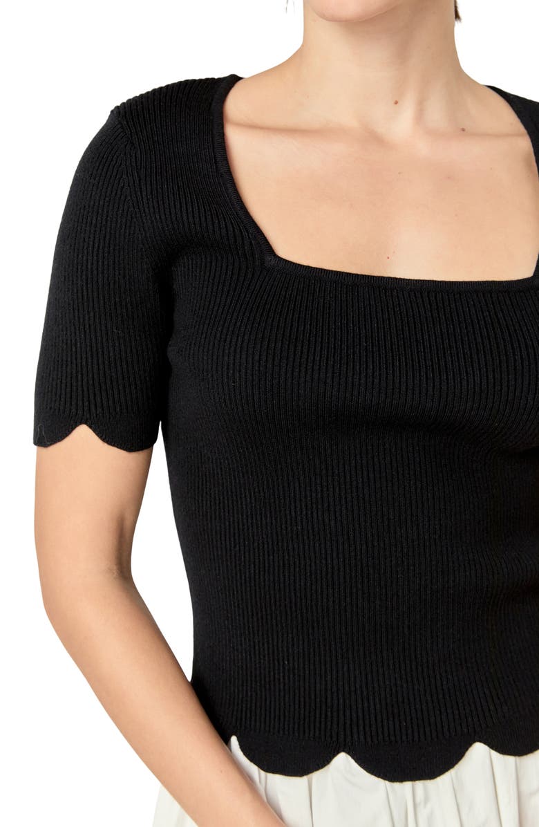 English Factory Scallop Hem Square Neck Rib Sweater, Alternate, color, Black
