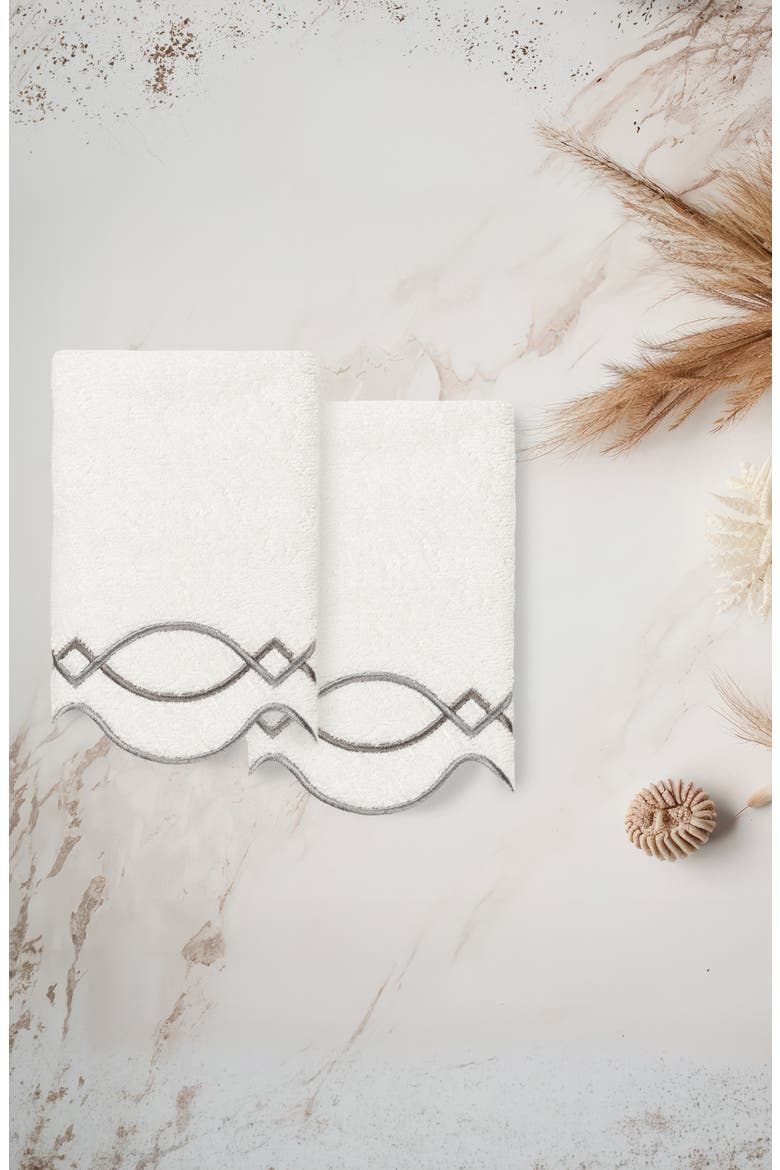 2-Piece Diamond Chain Embroidered Turkish Cotton Towel Set, Alternate, color, WHITE/ GRAY