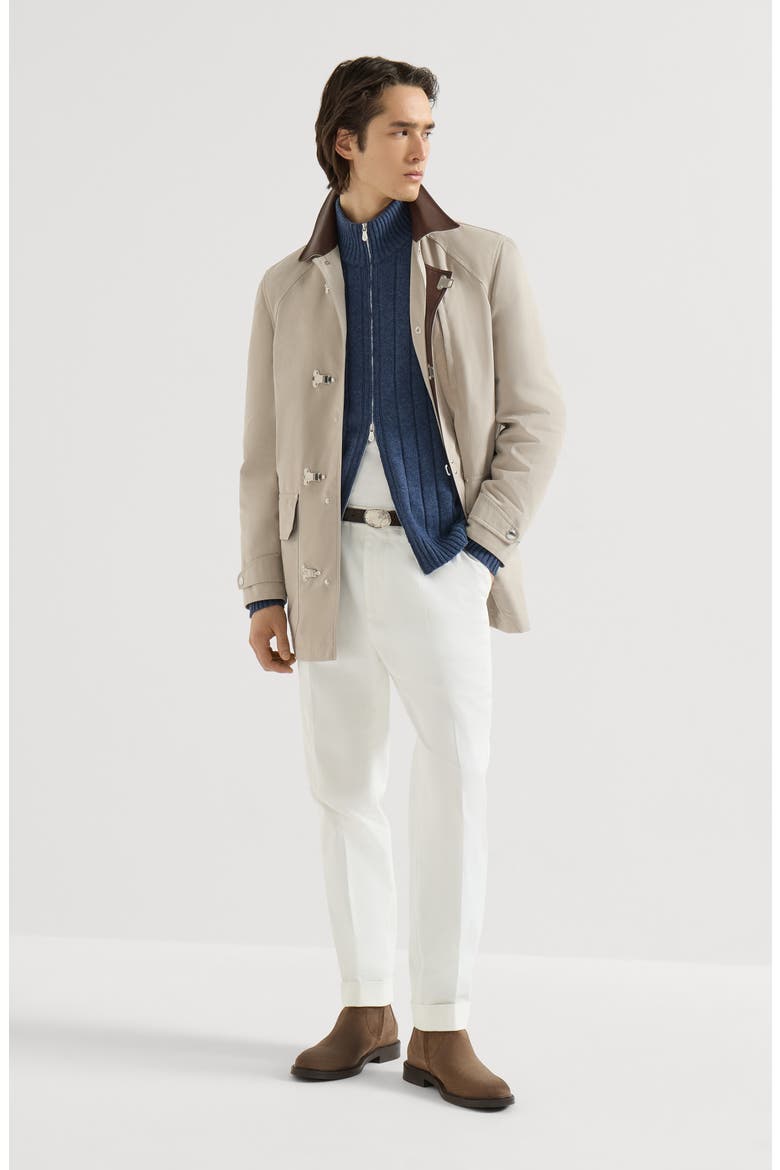 Water-resistant microfiber outerwear jacket with hook fastening and nappa leather inserts, Alternate, color, Beige