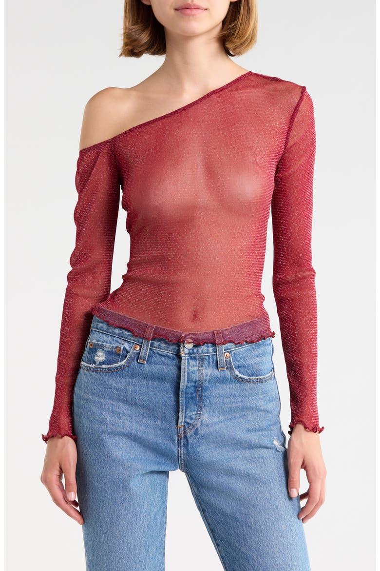 Zondra Sheer One-Shoulder Long Sleeve Top, Main, color, RED
