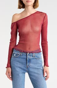 Princess Polly Zondra Sheer One-Shoulder Long Sleeve Top