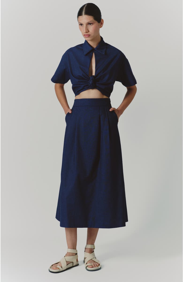 De Loreta Flecos A-Line Cotton Midi Skirt, Alternate, color, Navy Denim