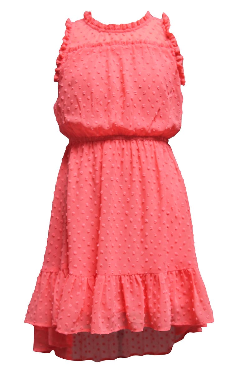 Ava & Yelly Kids' Swiss Dot Ruffle Dress, Main, color, Coral