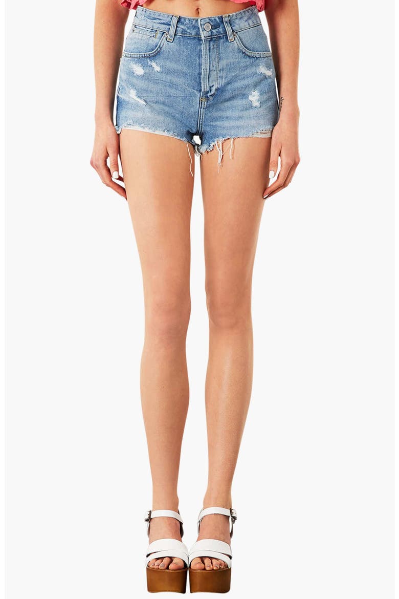 Moto 'Ruthie' Distressed Denim Shorts, Main, color, LIGHT DENIM