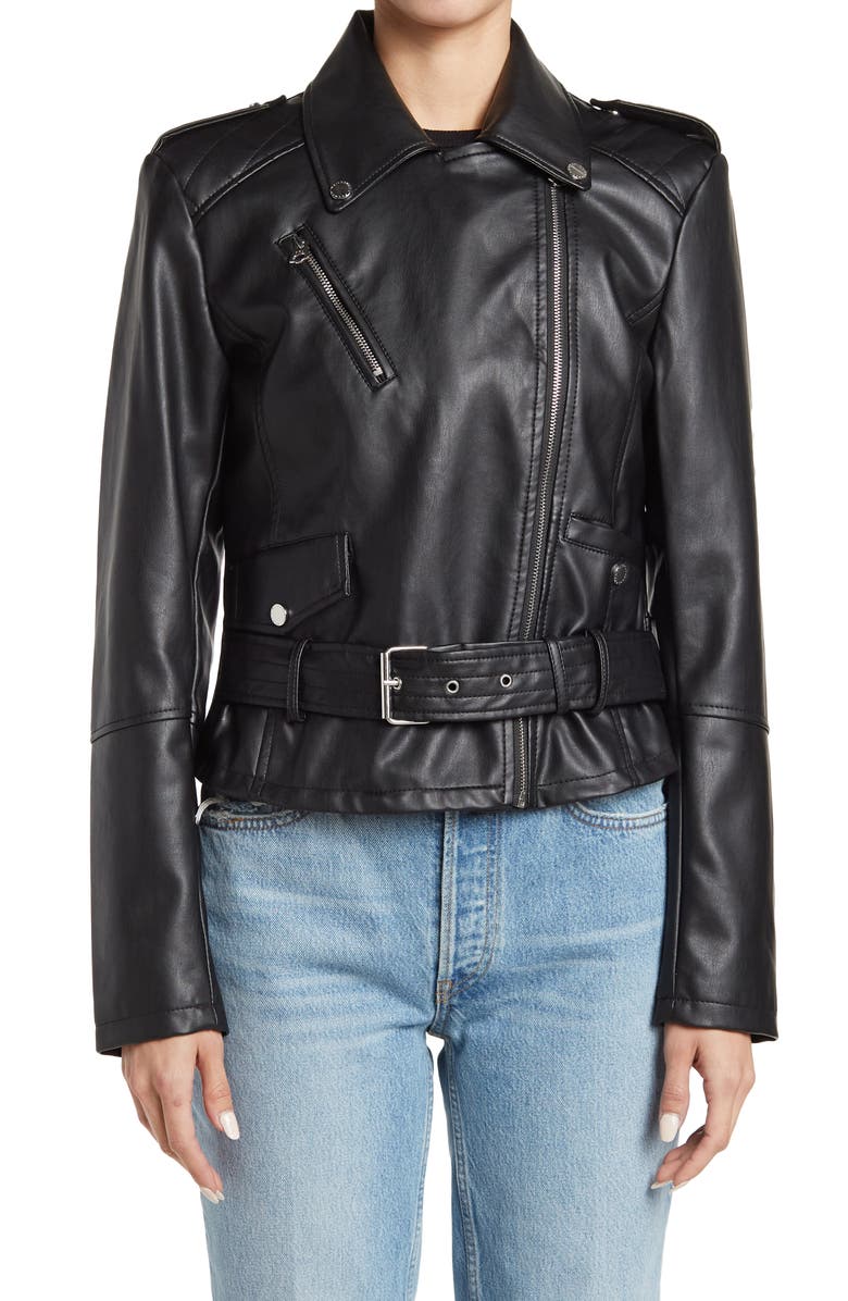 French Connection Faux Leather Belted Crop Moto Jacket, Alternate, color, 