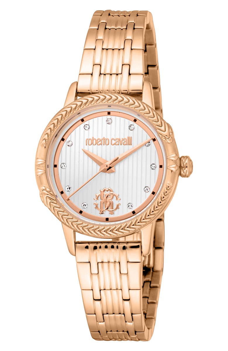Roberto Cavalli Textured Crystal Quartz Bracelet Watch, 30mm, Main, color, Rose Gold