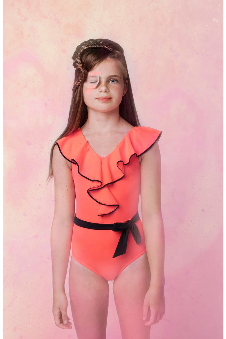 Ruffled V-Neck Belted One-Piece Swimsuit, Alternate, color, Red