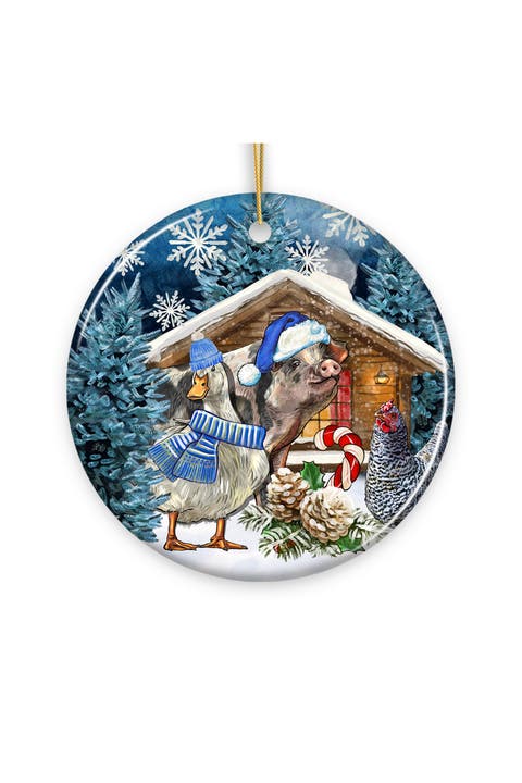 Winter Farm Cabin Duck Pig And Chicken Ornament