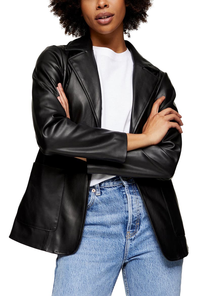 Faux Leather Blazer, Alternate, color, BLACK