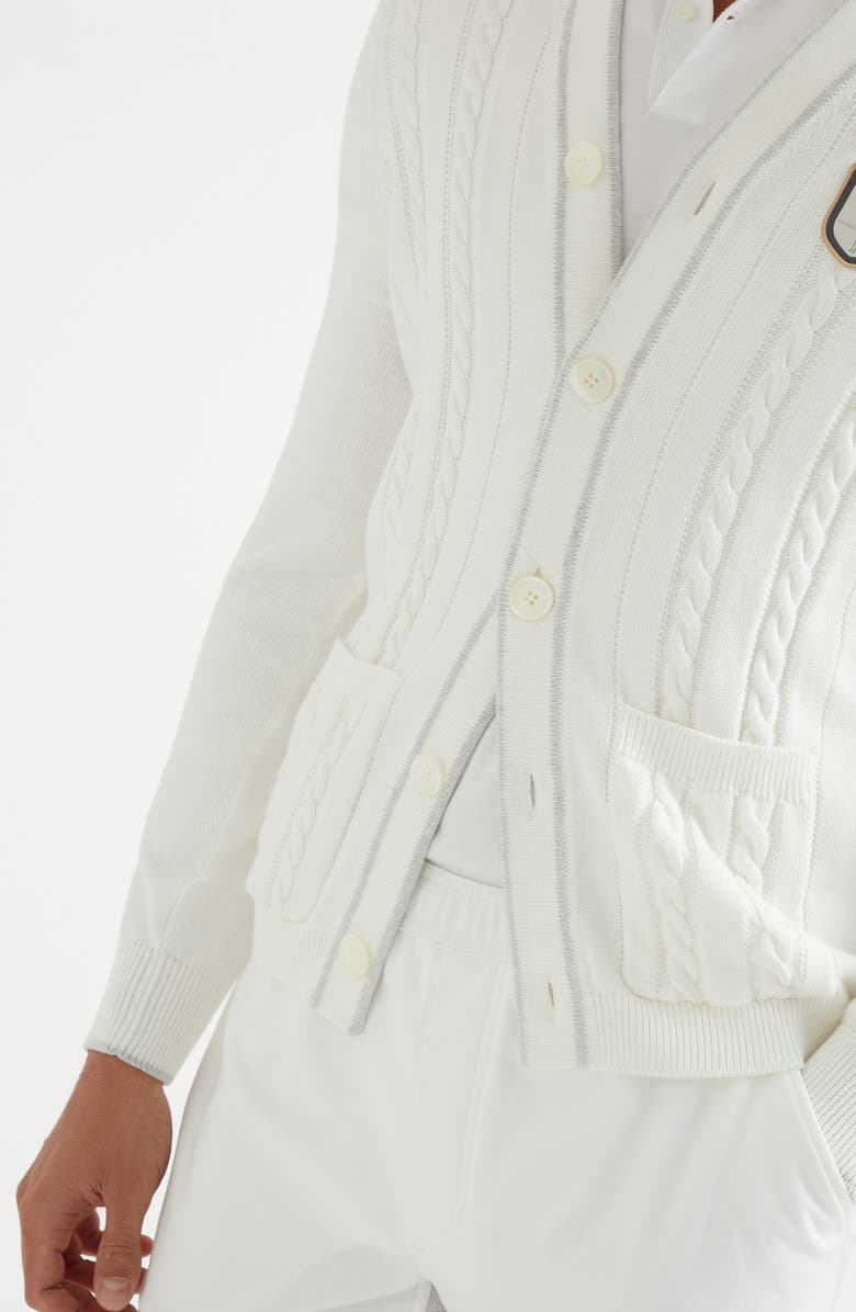 Brunello Cucinelli Cotton cable knit cardigan with tennis badge, Alternate, color, 