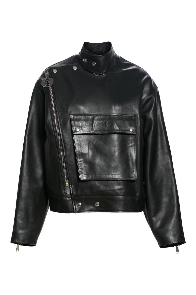 Unisex Logo Embossed Leather Biker Jacket, Alternate, color, BLACK