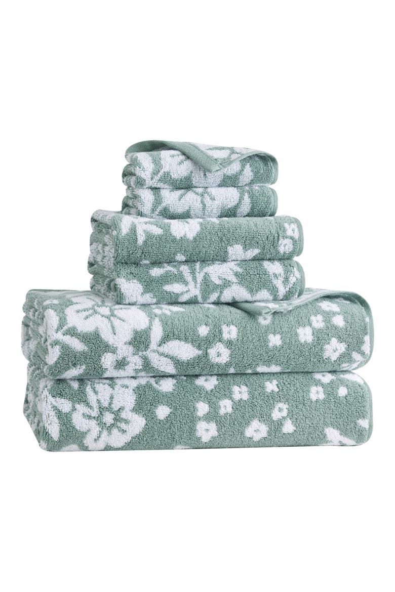 Folk Floral 6-Piece Assorted Towels, Alternate, color, ICEBERG GREEN