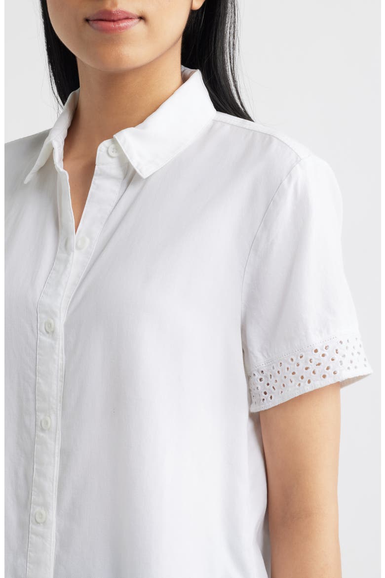 Lace Trim Short Sleeve Button-Up Shirt, Alternate, color, WHITE