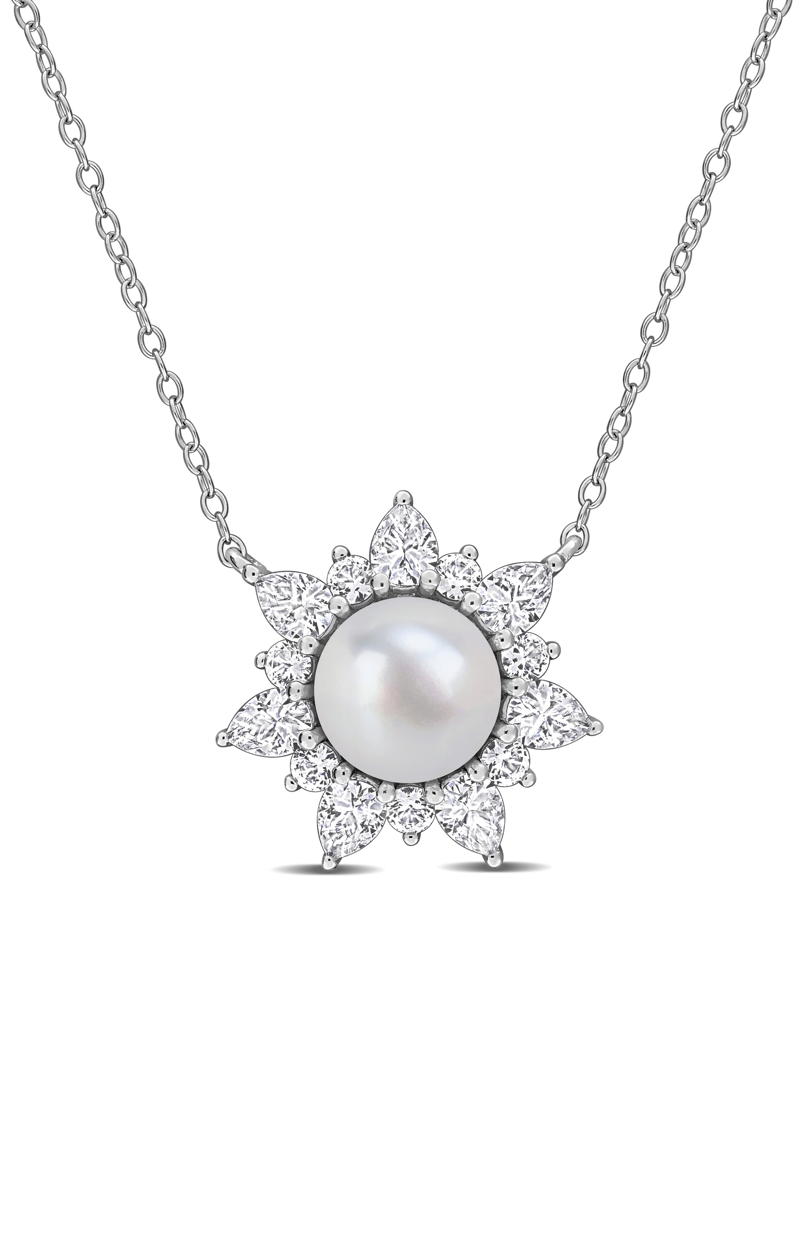DELMAR Cultured Pearl & Lab Grown White Sapphire Halo Pendant Necklace