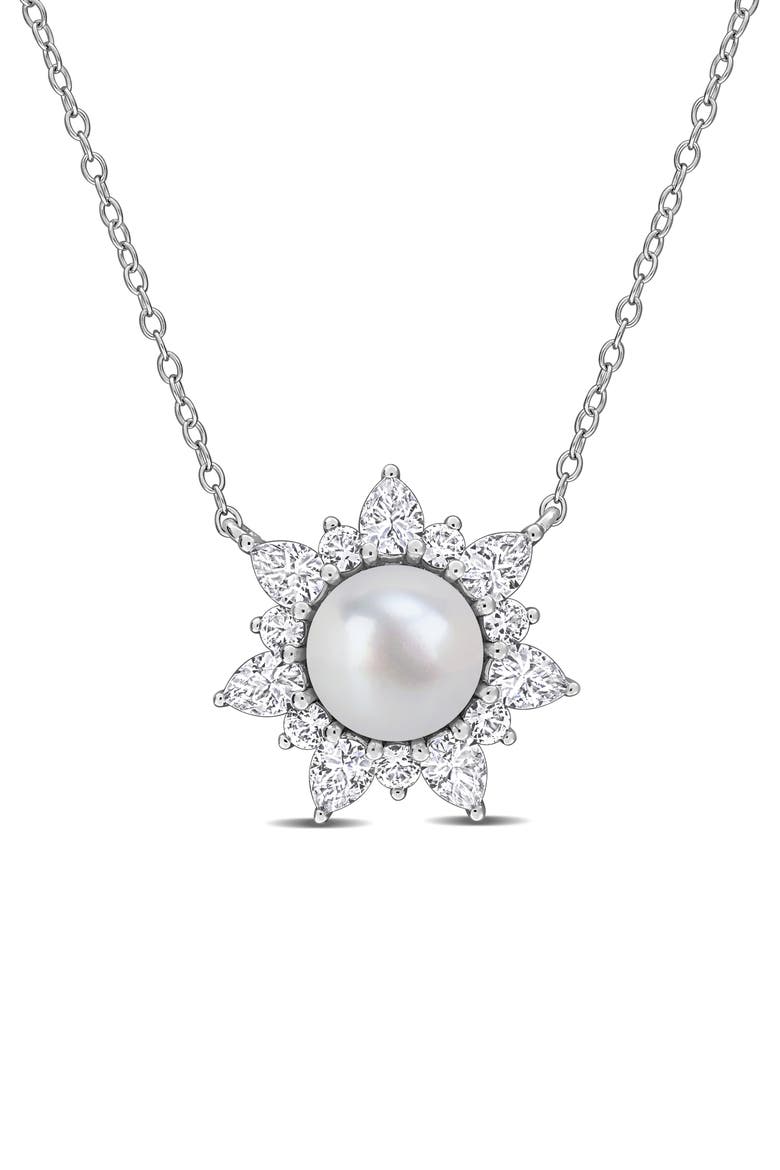 Cultured Pearl & Lab Grown White Sapphire Halo Pendant Necklace, Main, color, WHITE
