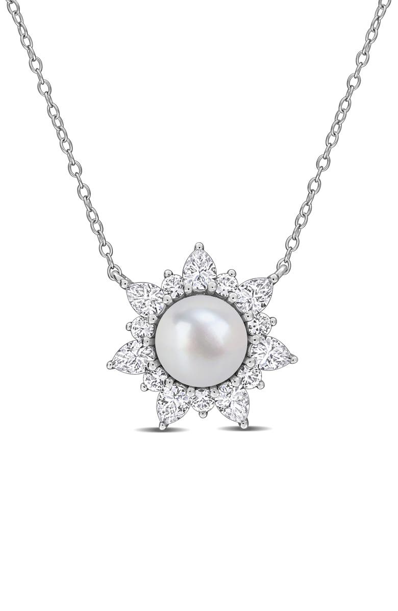 DELMAR Cultured Pearl & Lab Grown White Sapphire Halo Pendant Necklace, Main, color, 