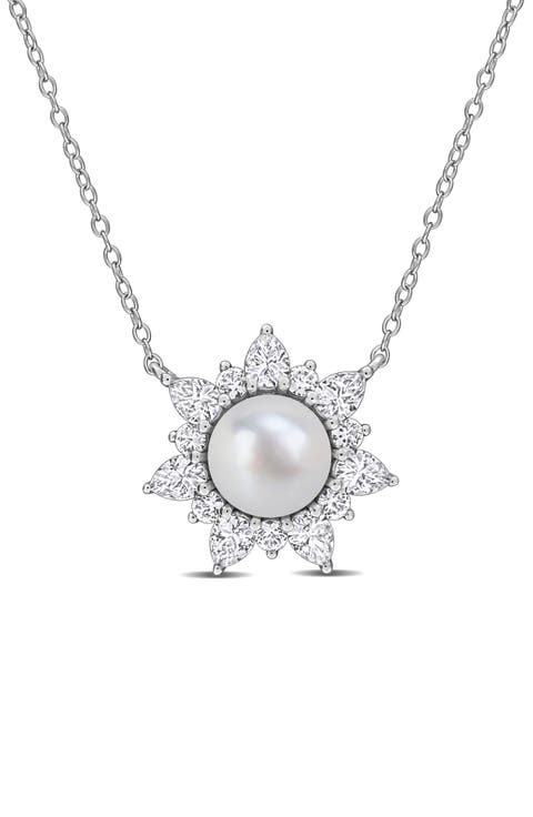 Cultured Pearl & Lab Grown White Sapphire Halo Pendant Necklace