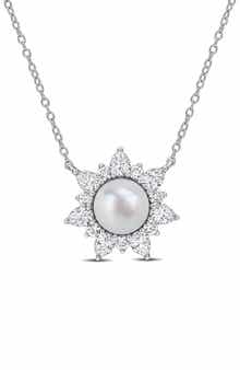 DELMAR Cultured Pearl & Lab Grown White Sapphire Halo Pendant Necklace