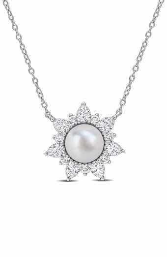 Cultured Pearl & Lab Grown White Sapphire Halo Pendant Necklace
