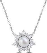 DELMAR Cultured Pearl & Lab Grown White Sapphire Halo Pendant Necklace