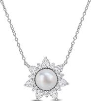 DELMAR Cultured Pearl & Lab Grown White Sapphire Halo Pendant Necklace