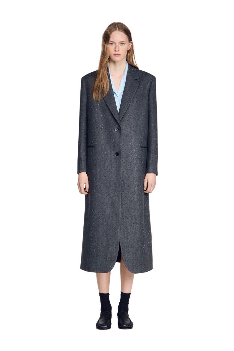 Long wool coat with rhinestones, Main, color, Dark grey