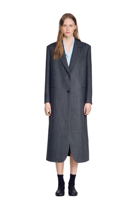 Long wool coat with rhinestones