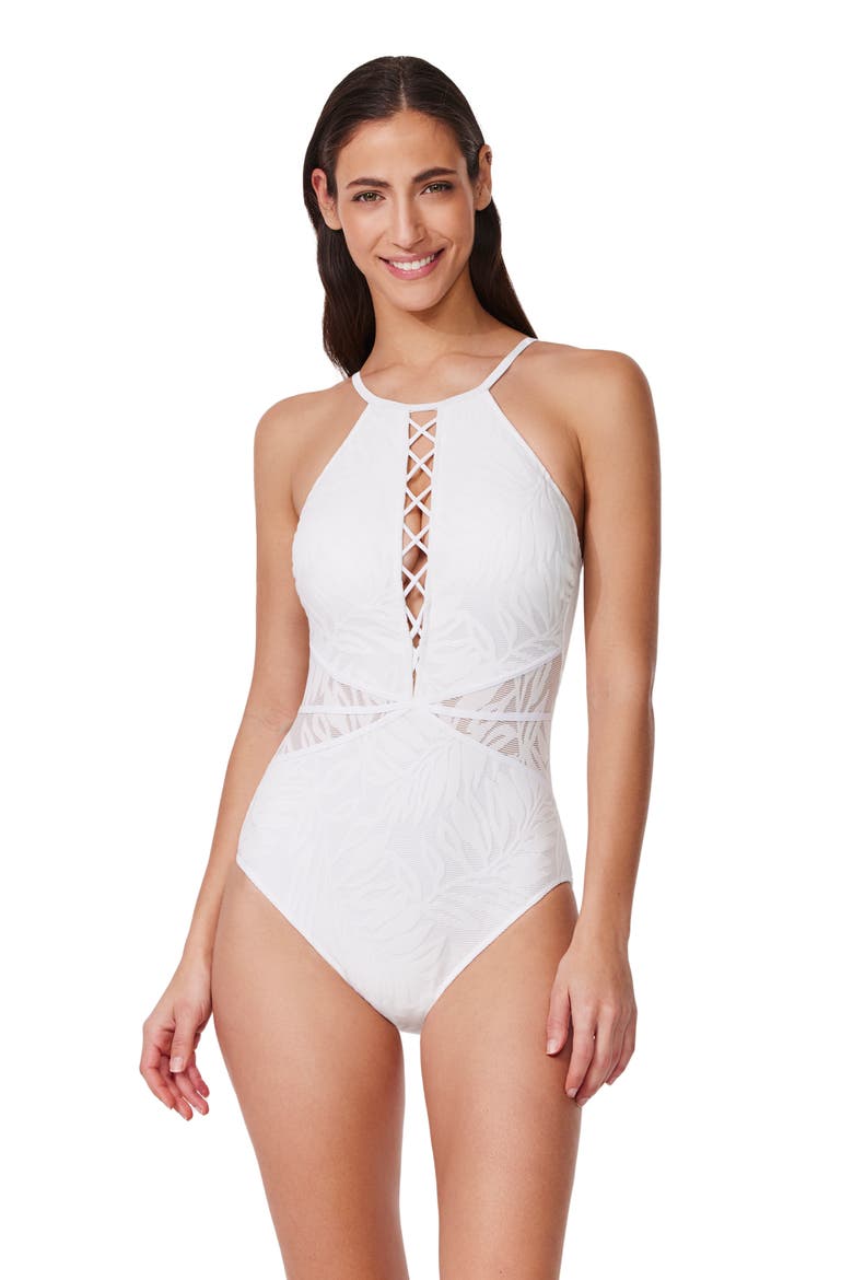Skyfall Textured High Neck One Piece, Main, color, White
