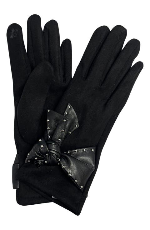 Studded Bow Faux Suede Gloves